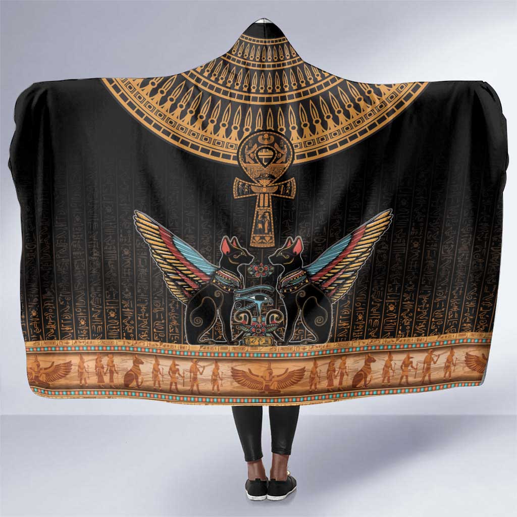 Winged Egypt Cats Hooded Blanket Hieroglyphs Alphabet Pattern