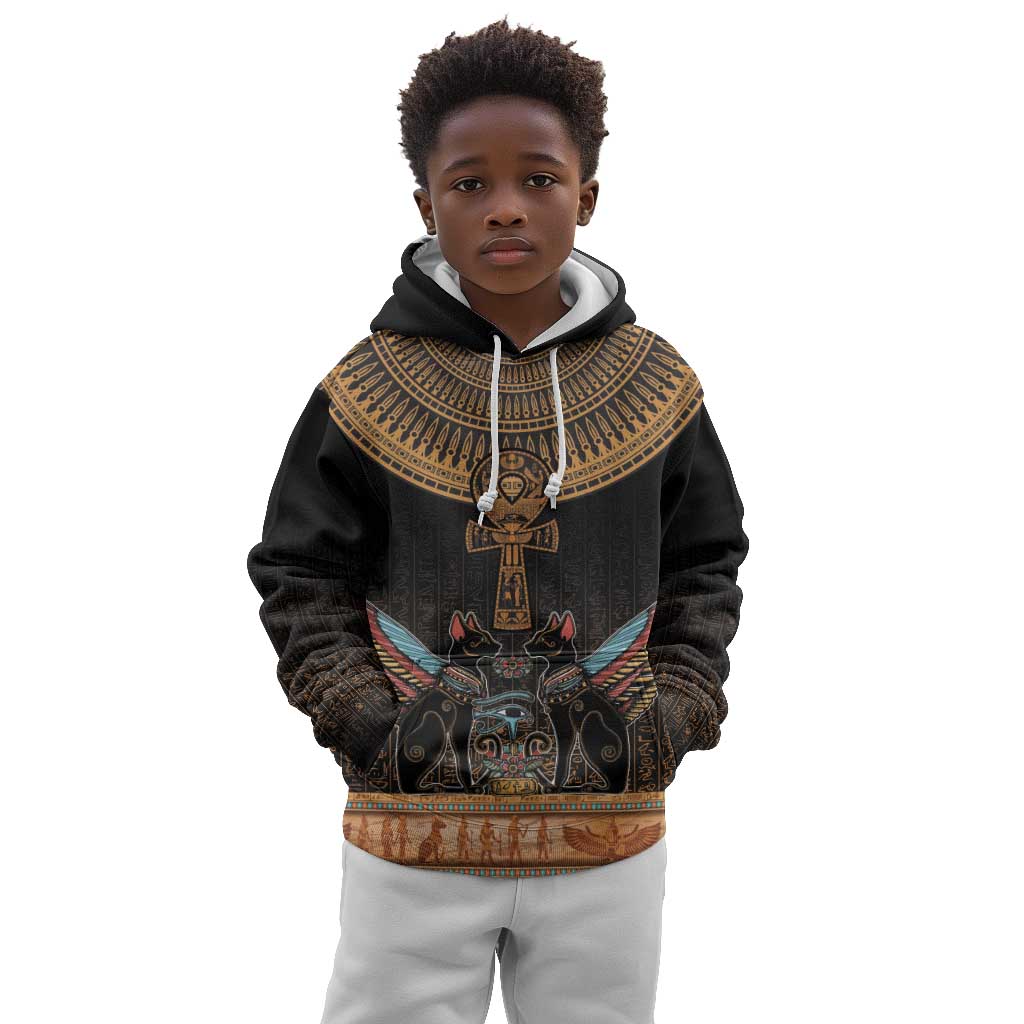Winged Egypt Cats Kid Hoodie Hieroglyphs Alphabet Pattern