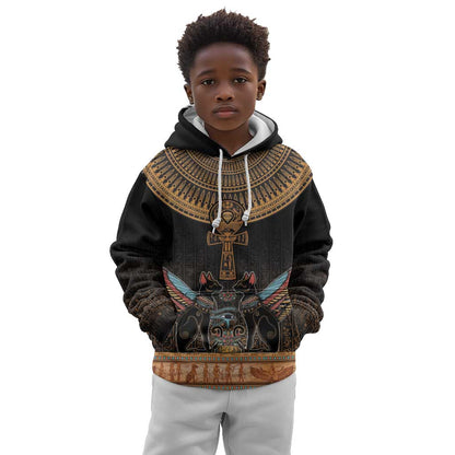 Winged Egypt Cats Kid Hoodie Hieroglyphs Alphabet Pattern