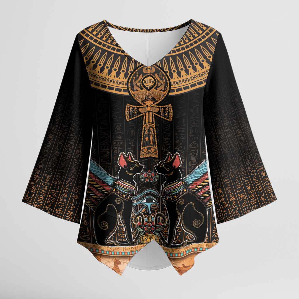 Winged Egypt Cats Kimono Sleeve Blouse Hieroglyphs Alphabet Pattern