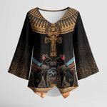 Winged Egypt Cats Kimono Sleeve Blouse Hieroglyphs Alphabet Pattern