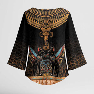 Winged Egypt Cats Kimono Sleeve Blouse Hieroglyphs Alphabet Pattern