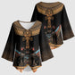 Winged Egypt Cats Kimono Sleeve Blouse Hieroglyphs Alphabet Pattern