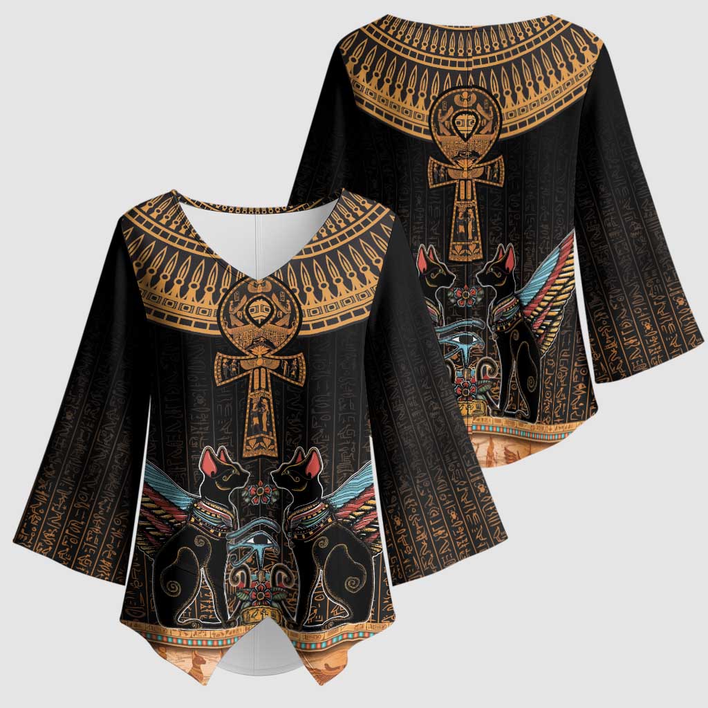 Winged Egypt Cats Kimono Sleeve Blouse Hieroglyphs Alphabet Pattern