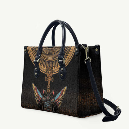 Winged Egypt Cats Leather Bag Hieroglyphs Alphabet Pattern