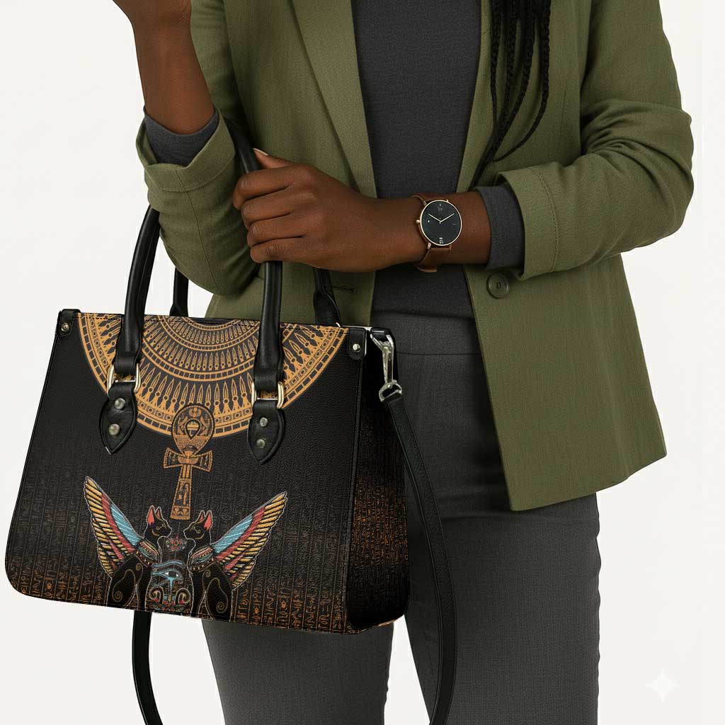 Winged Egypt Cats Leather Bag Hieroglyphs Alphabet Pattern