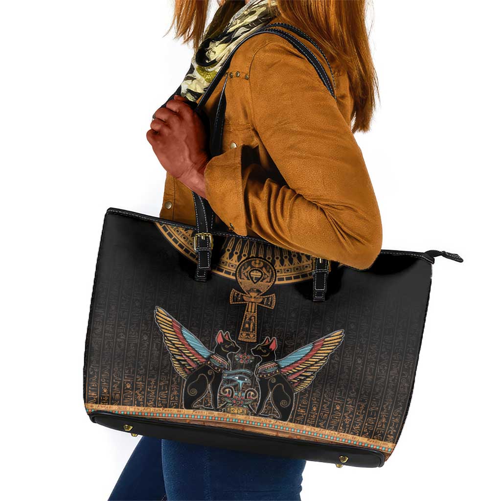 Winged Egypt Cats Leather Tote Bag Hieroglyphs Alphabet Pattern