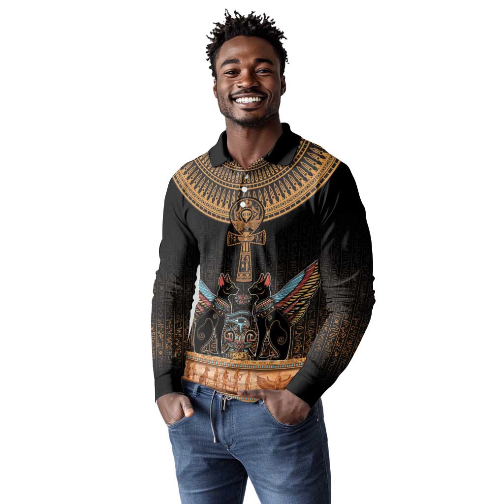 Winged Egypt Cats Long Sleeve Polo Shirt Hieroglyphs Alphabet Pattern