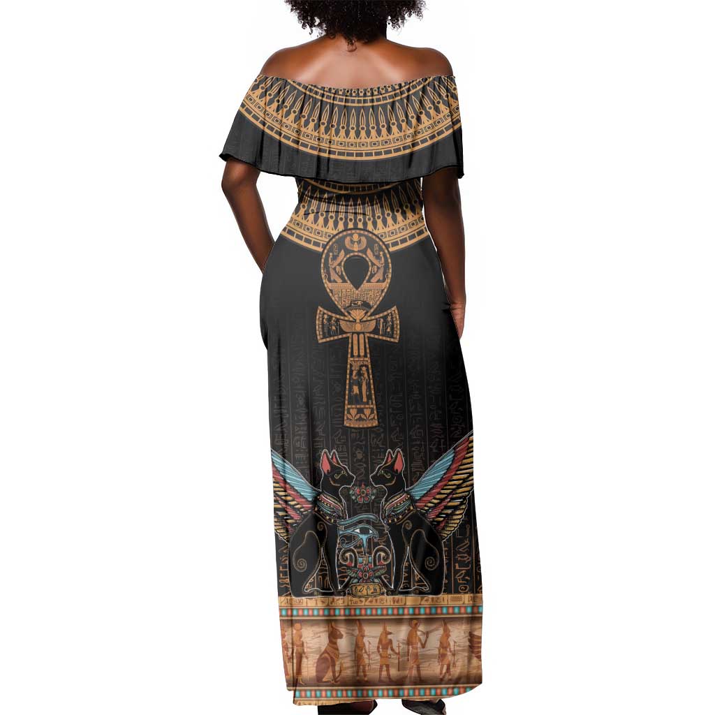 Winged Egypt Cats Off Shoulder Maxi Dress Hieroglyphs Alphabet Pattern