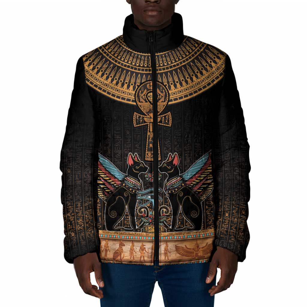 Winged Egypt Cats Padded Jacket Hieroglyphs Alphabet Pattern