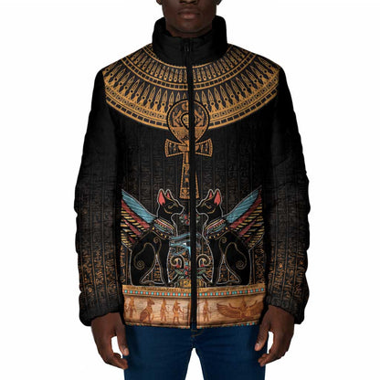 Winged Egypt Cats Padded Jacket Hieroglyphs Alphabet Pattern