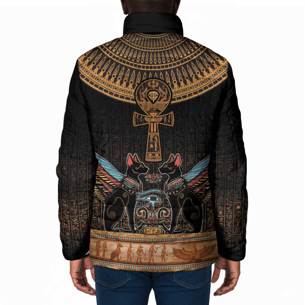 Winged Egypt Cats Padded Jacket Hieroglyphs Alphabet Pattern