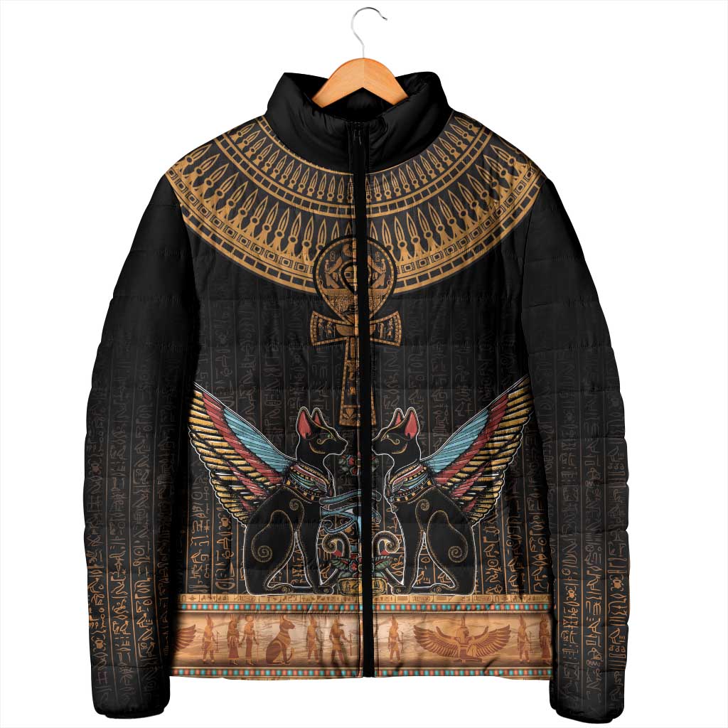 Winged Egypt Cats Padded Jacket Hieroglyphs Alphabet Pattern