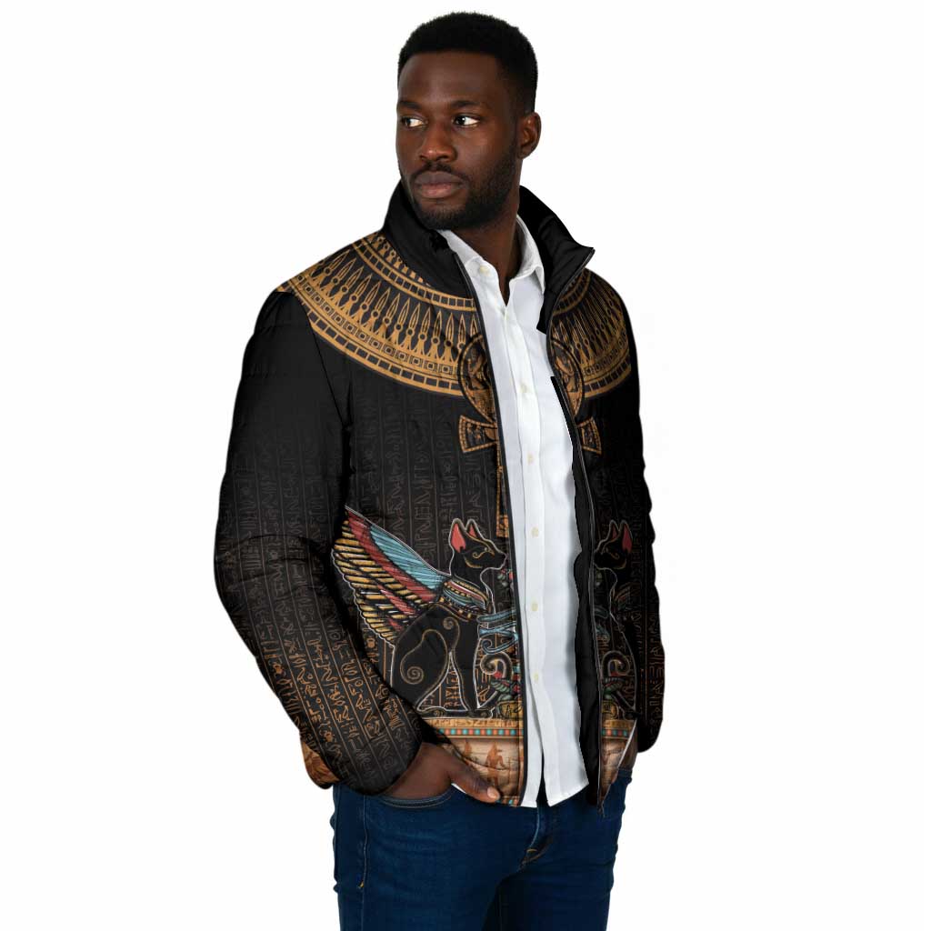 Winged Egypt Cats Padded Jacket Hieroglyphs Alphabet Pattern