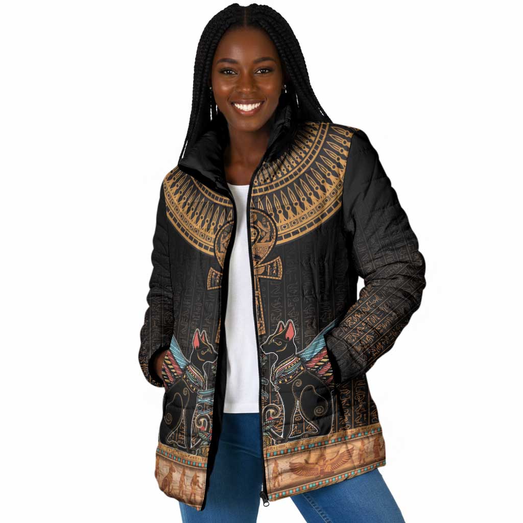 Winged Egypt Cats Padded Jacket Hieroglyphs Alphabet Pattern