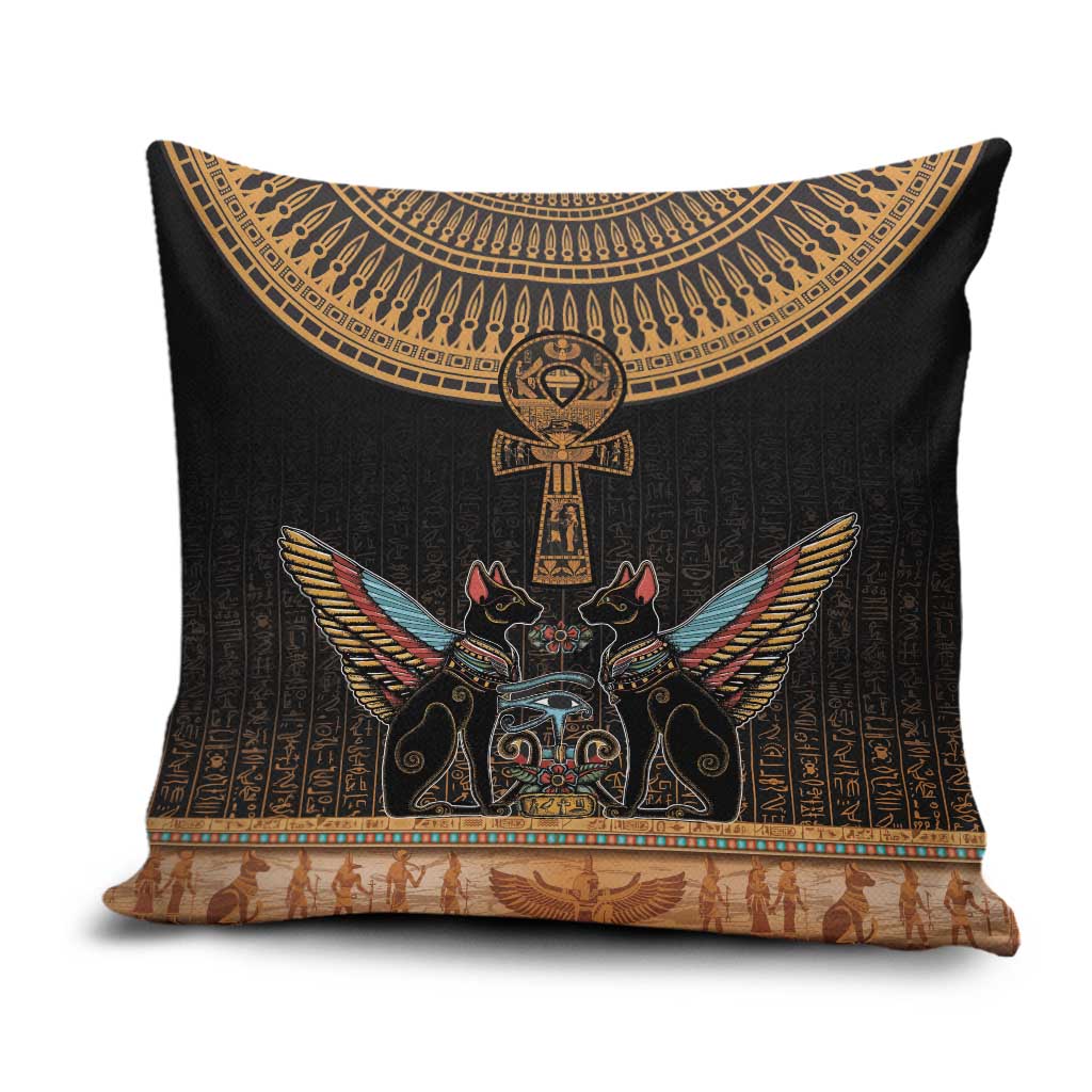 Winged Egypt Cats Pillow Cover Hieroglyphs Alphabet Pattern