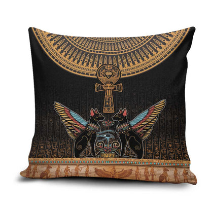 Winged Egypt Cats Pillow Cover Hieroglyphs Alphabet Pattern