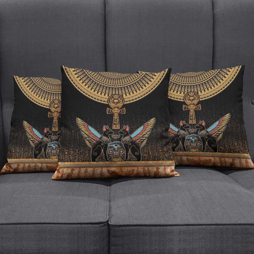 Winged Egypt Cats Pillow Cover Hieroglyphs Alphabet Pattern