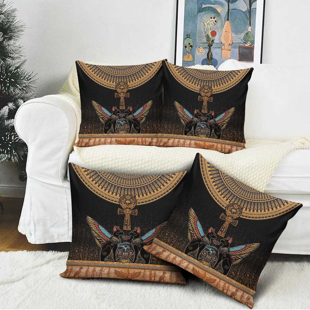 Winged Egypt Cats Pillow Cover Hieroglyphs Alphabet Pattern