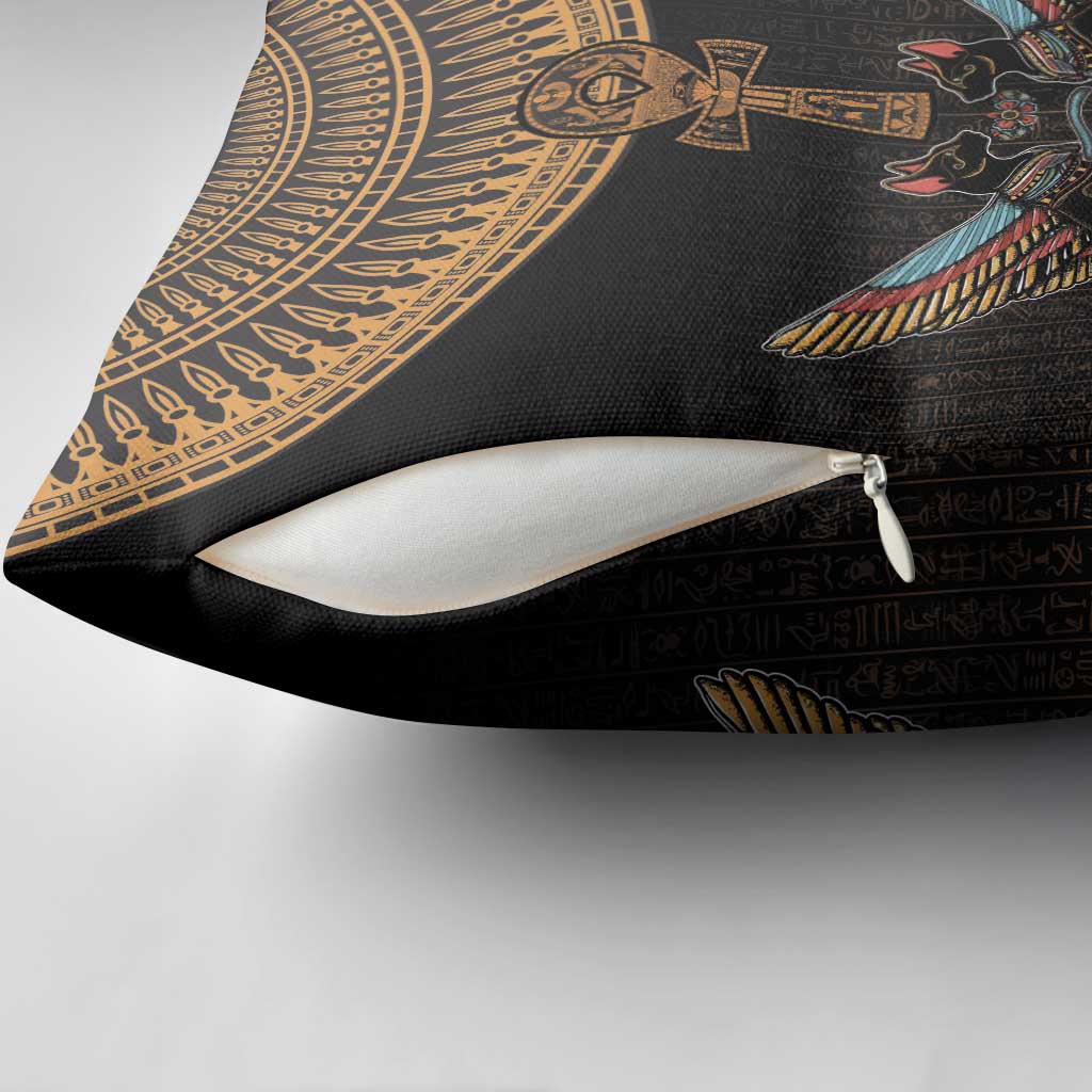 Winged Egypt Cats Pillow Cover Hieroglyphs Alphabet Pattern