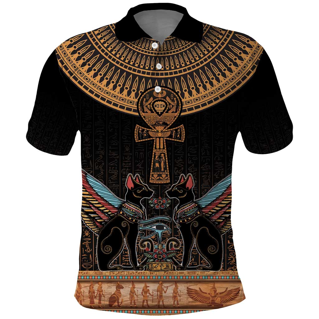 Winged Egypt Cats Polo Shirt Hieroglyphs Alphabet Pattern