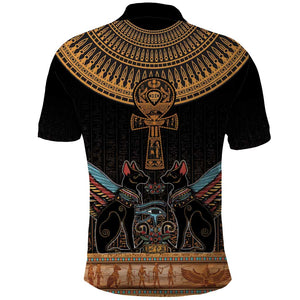 Winged Egypt Cats Polo Shirt Hieroglyphs Alphabet Pattern