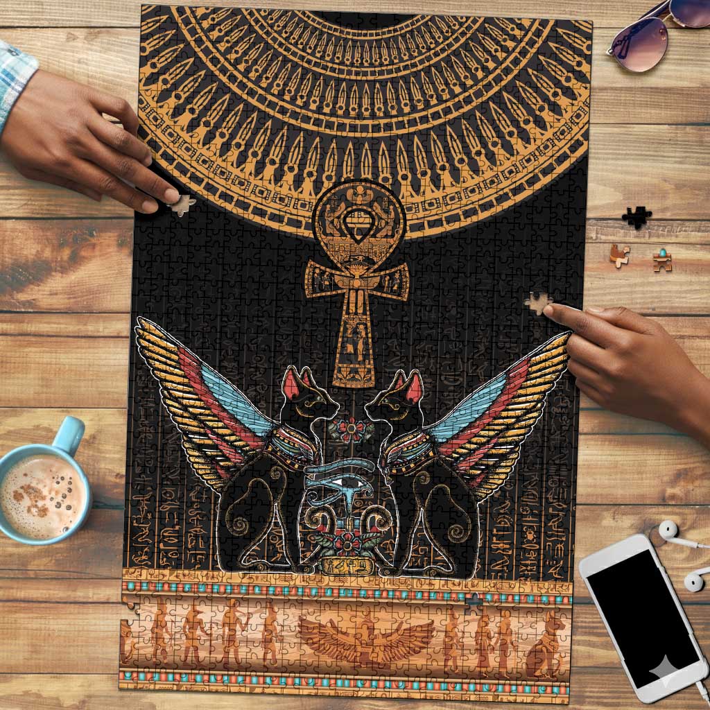 Winged Egypt Cats Puzzle Hieroglyphs Alphabet Pattern