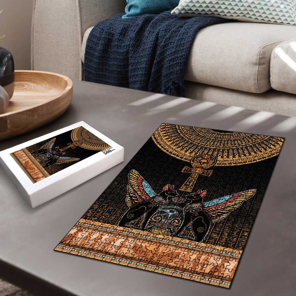 Winged Egypt Cats Puzzle Hieroglyphs Alphabet Pattern