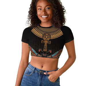 Winged Egypt Cats Raglan Cropped T shirt Hieroglyphs Alphabet Pattern