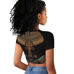 Winged Egypt Cats Raglan Cropped T shirt Hieroglyphs Alphabet Pattern