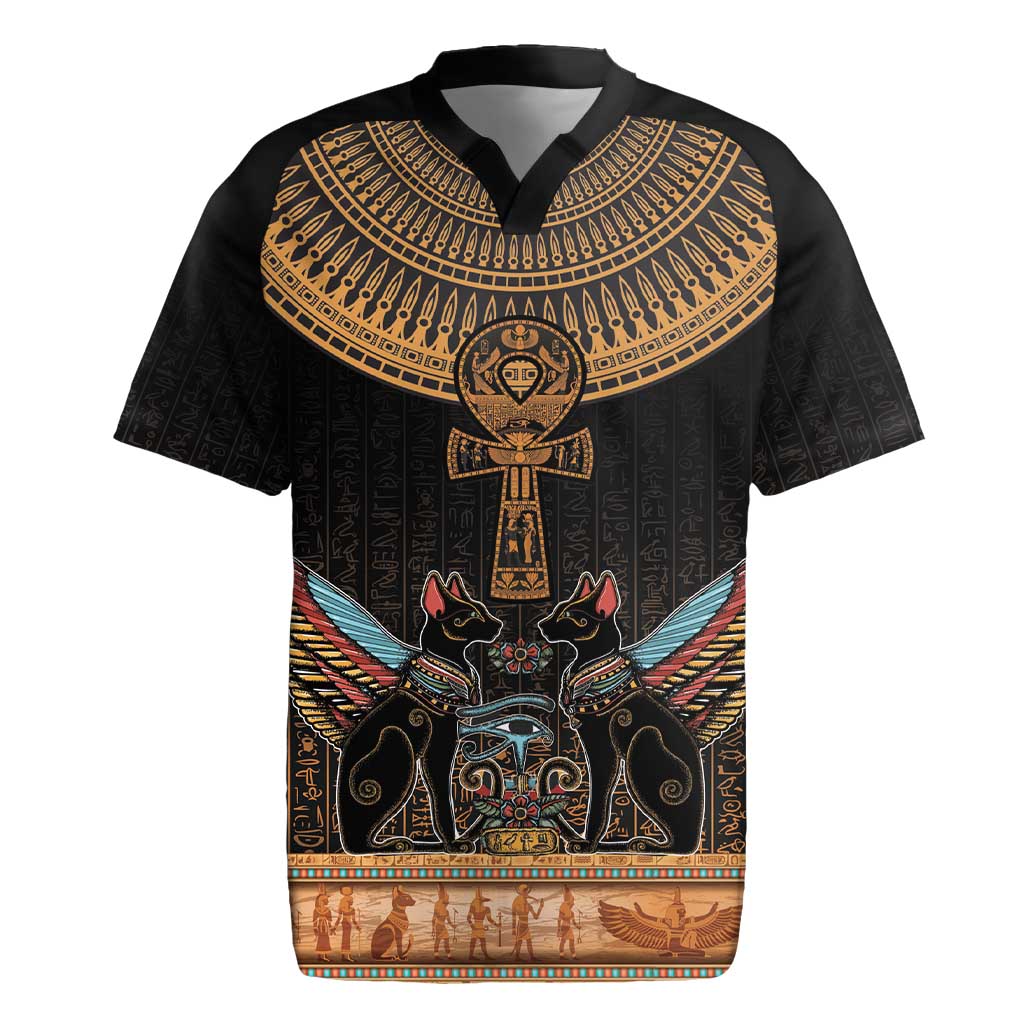 Winged Egypt Cats Rugby Jersey Hieroglyphs Alphabet Pattern