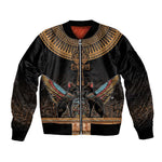 Winged Egypt Cats Sleeve Zip Bomber Jacket Hieroglyphs Alphabet Pattern