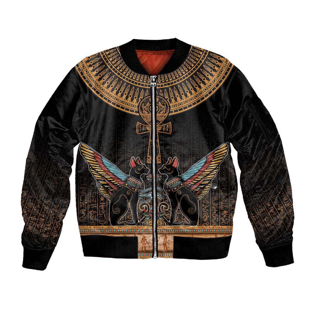 Winged Egypt Cats Sleeve Zip Bomber Jacket Hieroglyphs Alphabet Pattern