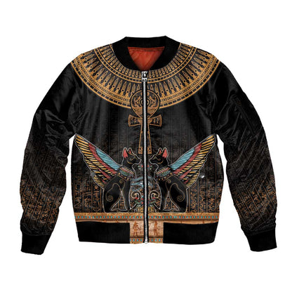 Winged Egypt Cats Sleeve Zip Bomber Jacket Hieroglyphs Alphabet Pattern