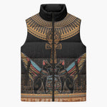 Winged Egypt Cats Sleeveless Puffer Jacket Hieroglyphs Alphabet Pattern