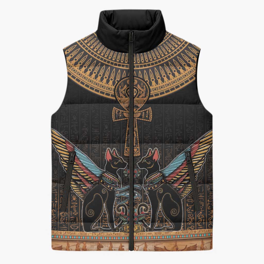 Winged Egypt Cats Sleeveless Puffer Jacket Hieroglyphs Alphabet Pattern