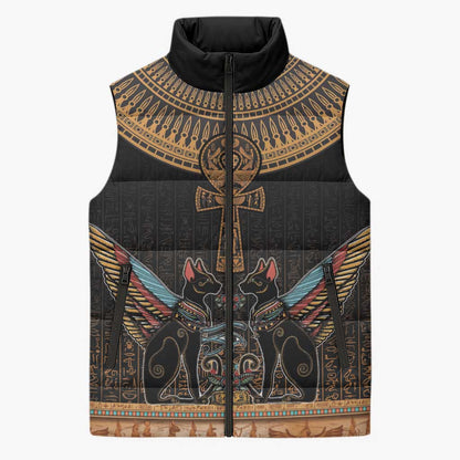 Winged Egypt Cats Sleeveless Puffer Jacket Hieroglyphs Alphabet Pattern