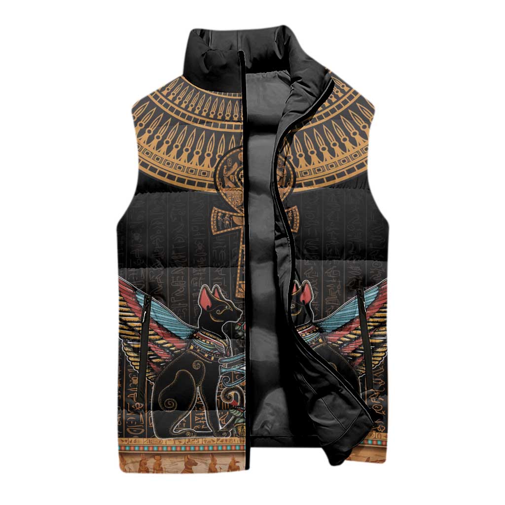 Winged Egypt Cats Sleeveless Puffer Jacket Hieroglyphs Alphabet Pattern