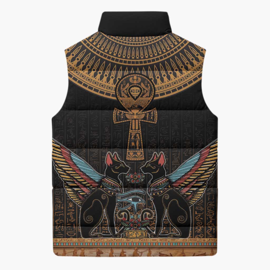 Winged Egypt Cats Sleeveless Puffer Jacket Hieroglyphs Alphabet Pattern