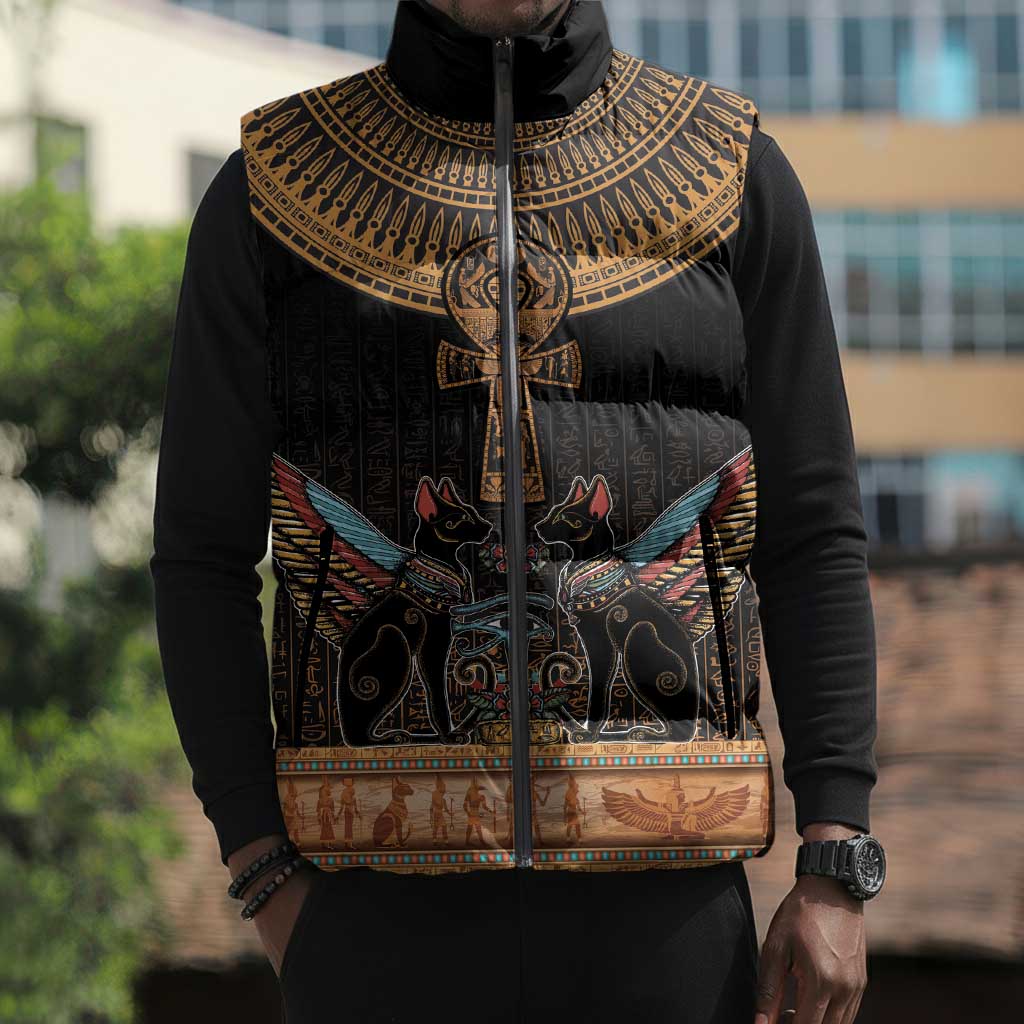 Winged Egypt Cats Sleeveless Puffer Jacket Hieroglyphs Alphabet Pattern