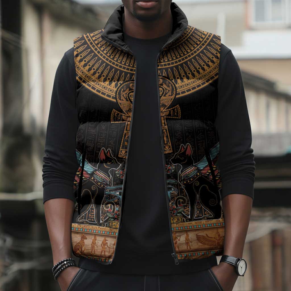 Winged Egypt Cats Sleeveless Puffer Jacket Hieroglyphs Alphabet Pattern
