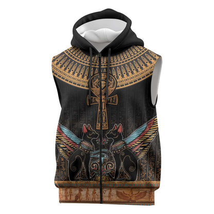 Winged Egypt Cats Sleeveless Zip Hoodie Hieroglyphs Alphabet Pattern - African Pride