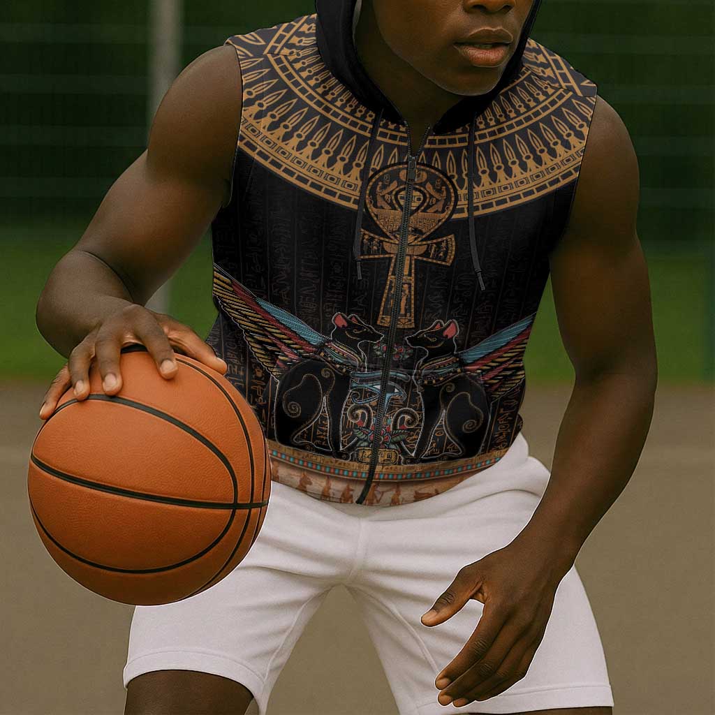 Winged Egypt Cats Sleeveless Zip Hoodie Hieroglyphs Alphabet Pattern - African Pride