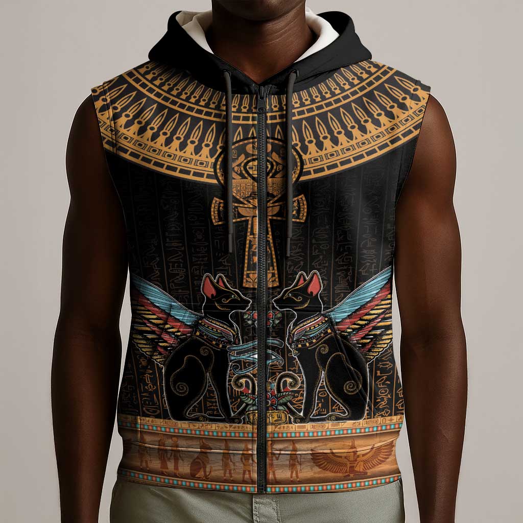 Winged Egypt Cats Sleeveless Zip Hoodie Hieroglyphs Alphabet Pattern - African Pride