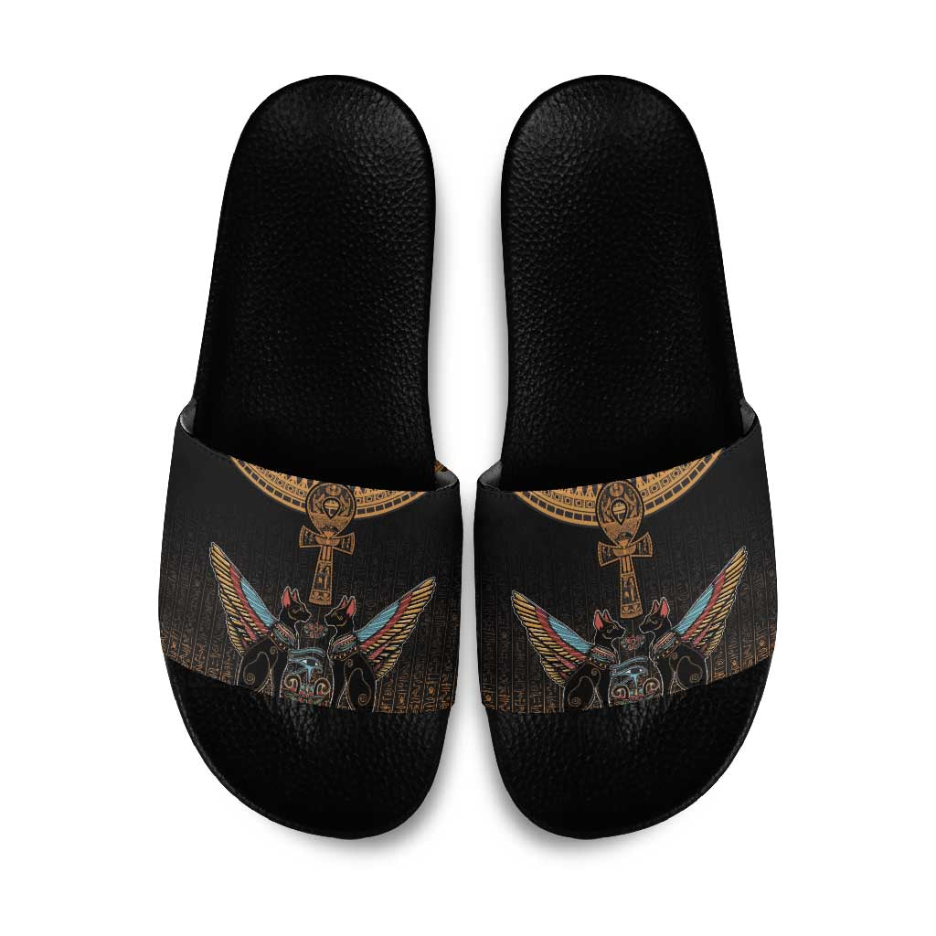 Winged Egypt Cats Slide Sandals Hieroglyphs Alphabet Pattern
