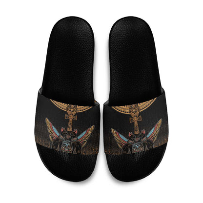 Winged Egypt Cats Slide Sandals Hieroglyphs Alphabet Pattern