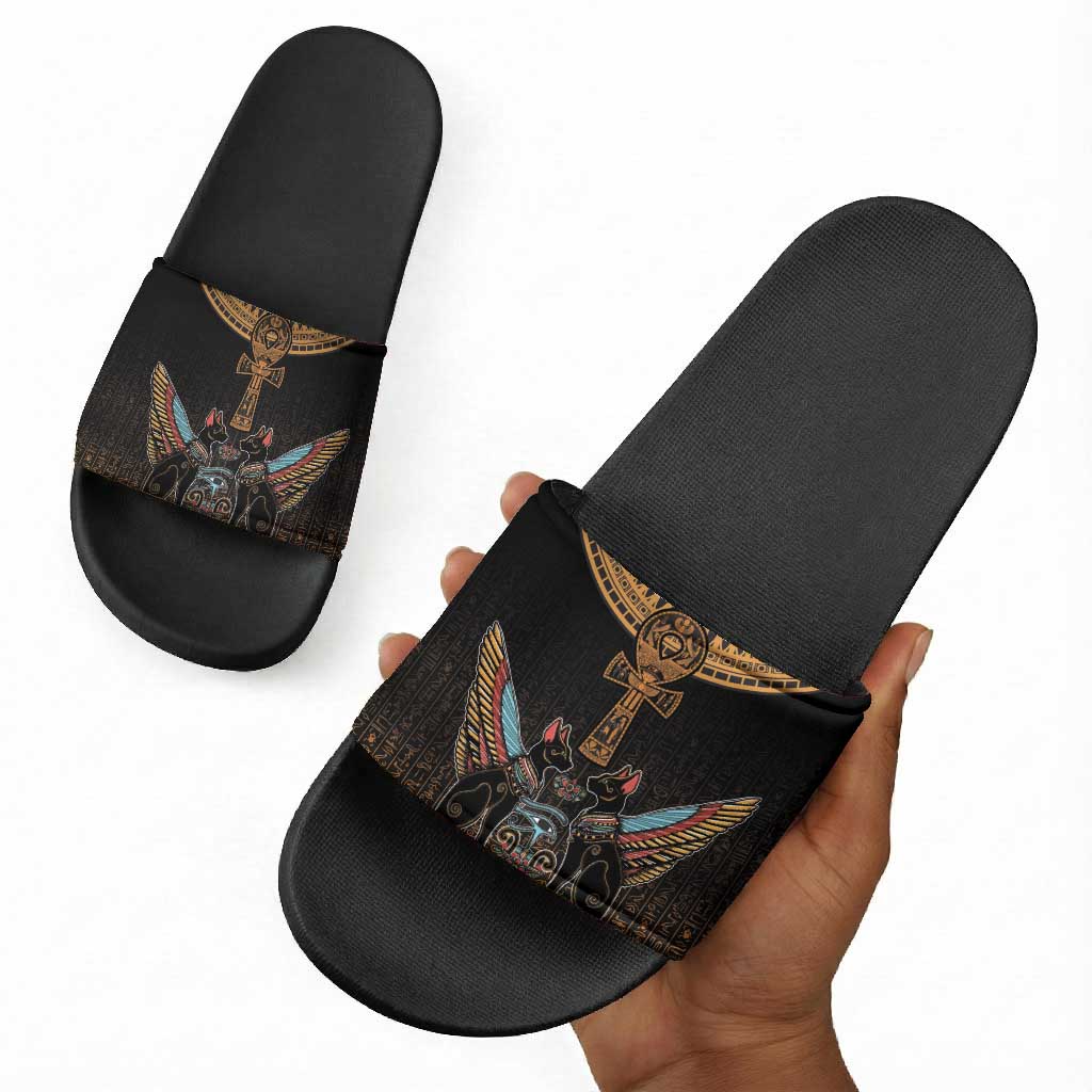 Winged Egypt Cats Slide Sandals Hieroglyphs Alphabet Pattern