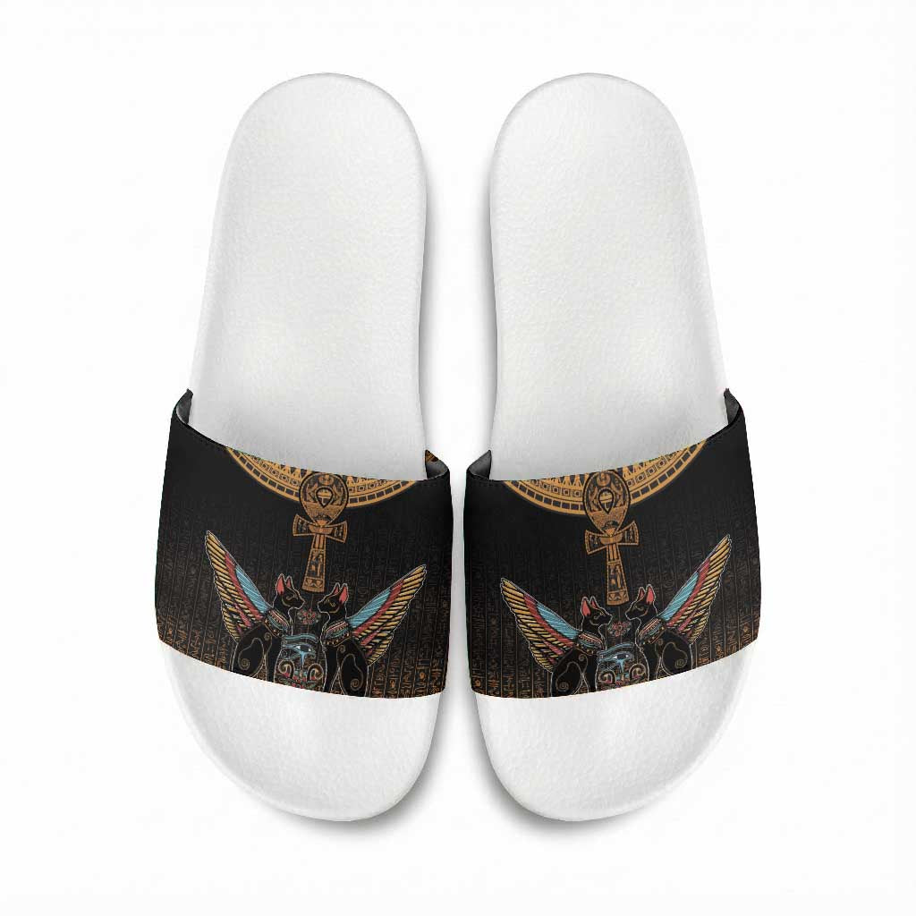 Winged Egypt Cats Slide Sandals Hieroglyphs Alphabet Pattern
