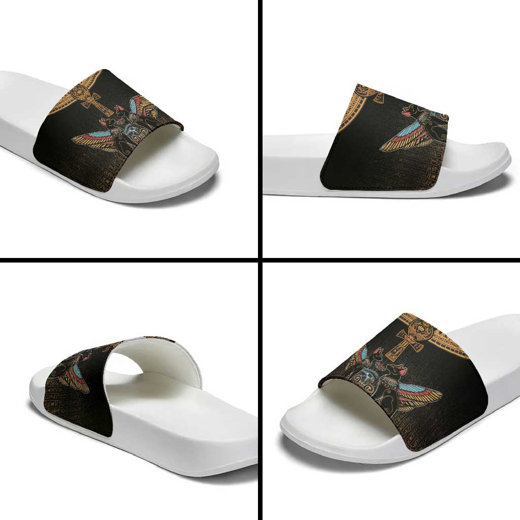 Winged Egypt Cats Slide Sandals Hieroglyphs Alphabet Pattern