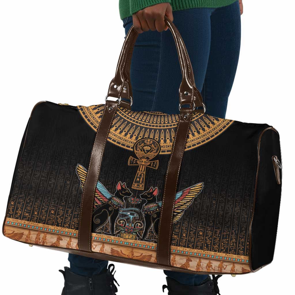 Winged Egypt Cats Travel Bag Hieroglyphs Alphabet Pattern